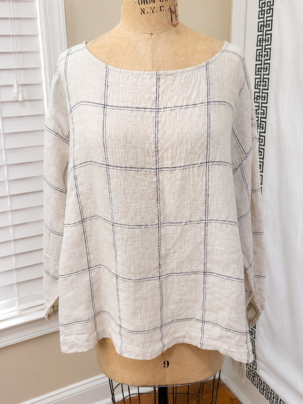 Eileen Fisher 100% Linen Windowpane Plaid Boxy Top Blouse 1X